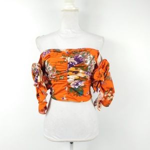 H&M off shoulder Floral crop Orange shirt top 0 XS